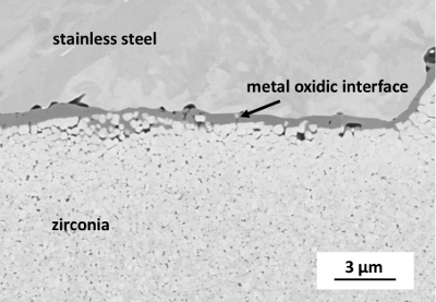 figure-results-10 Stainless steel-zirconia interface diagram; metal oxidic layer analysis; 3 µm scale.