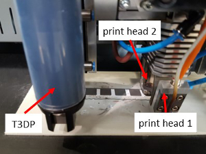 figure-results-13 3D printing setup with dual print heads, labeled T3DP, print head 1 and 2, for prototyping.